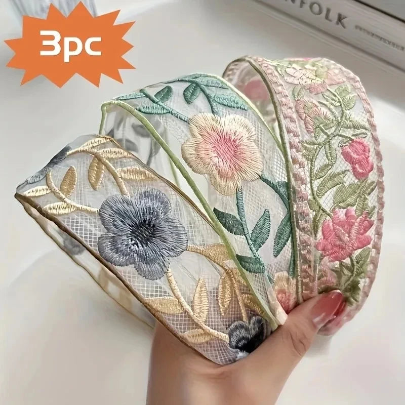 Chiffon Embroidered Floral Headband - 3 Pack