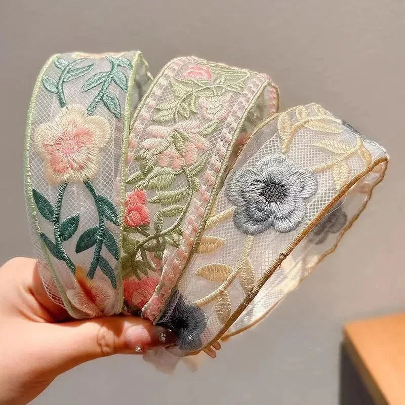 Chiffon Embroidered Floral Headband - 3 Pack